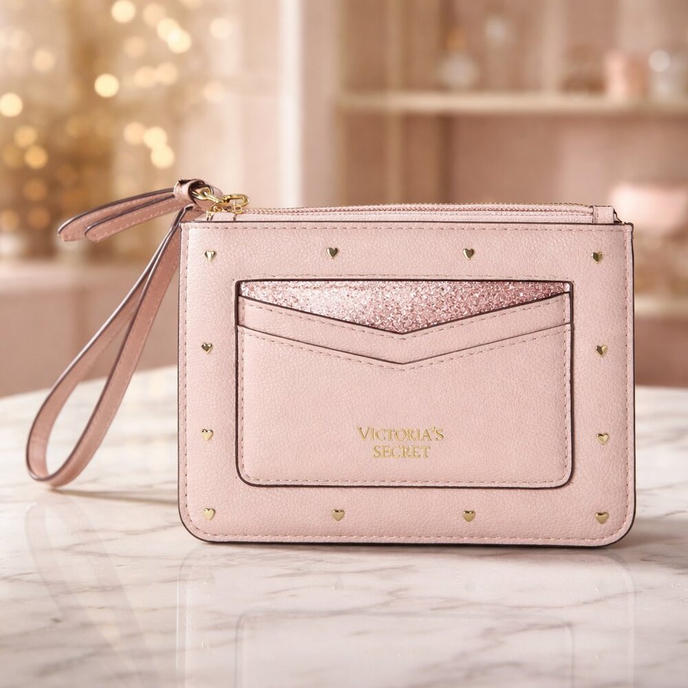 Victoria's‎ Secret Pink Wristlet Mini Clutch in Pink with Gold Hearts